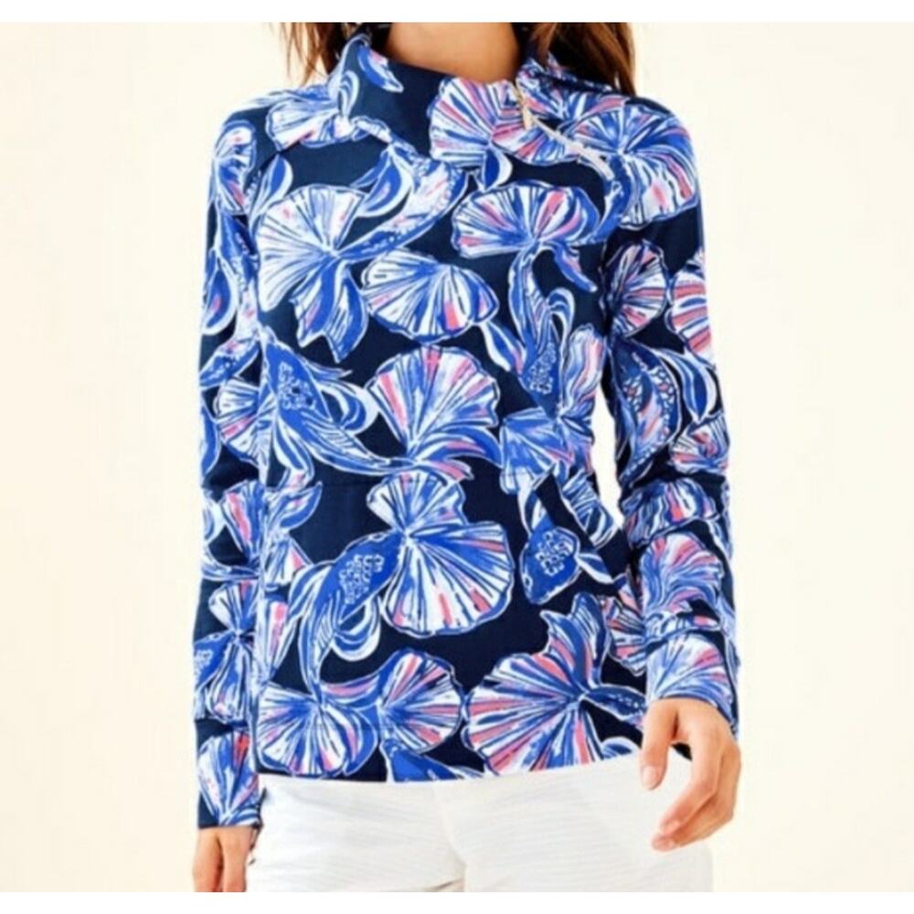 Lilly Pulitzer SZ S Booker Popover Women's‎ Reel Life Navy UPF 50+ Zipper Collar